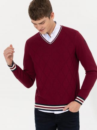 پلیور مردانه یقه هفت اندامی زرشکی یو اس پولو