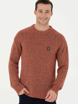 پلیور مردانه یقه گرد آستین بلند آجری یو اس پولو