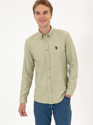 پیراهن آستین بلند مردانه خاکی روشن یو اس پولو