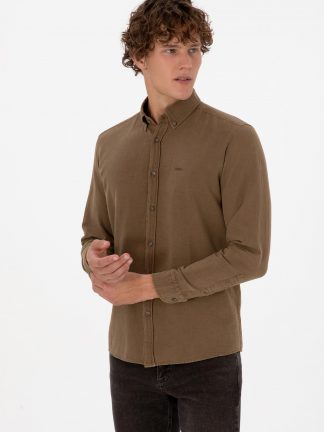 پیراهن آستین بلند مردانه خاکی روشن یو اس پولو