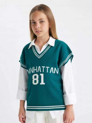 پلیور دخترانه سبز تیره دفکتو