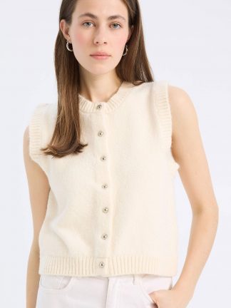 جلیقه بافت زنانه بژ دفکتو